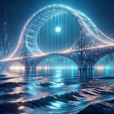 The primary subject of the image is a futuristic cityscape with a large, curved bridge that spans across a body of water. The bridge is illuminated by a blue light, giving it a unique and captivating appearance. The setting is a nighttime cityscape, with the bridge and the water creating a striking contrast against the dark sky. The visual style of the image is a combination of digital art and illustration, giving it a surreal and imaginative quality. The colors and mood of the image are predominantly blue, creating a sense of calmness and tranquility in the midst of the bustling cityscape.